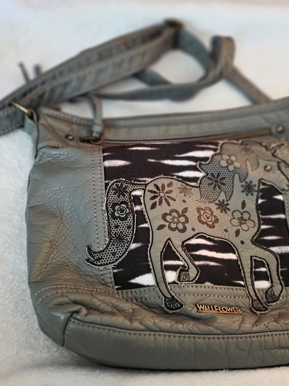 Wallflower Gray Elephant Applique Crossbody Purse with Patterned Panel